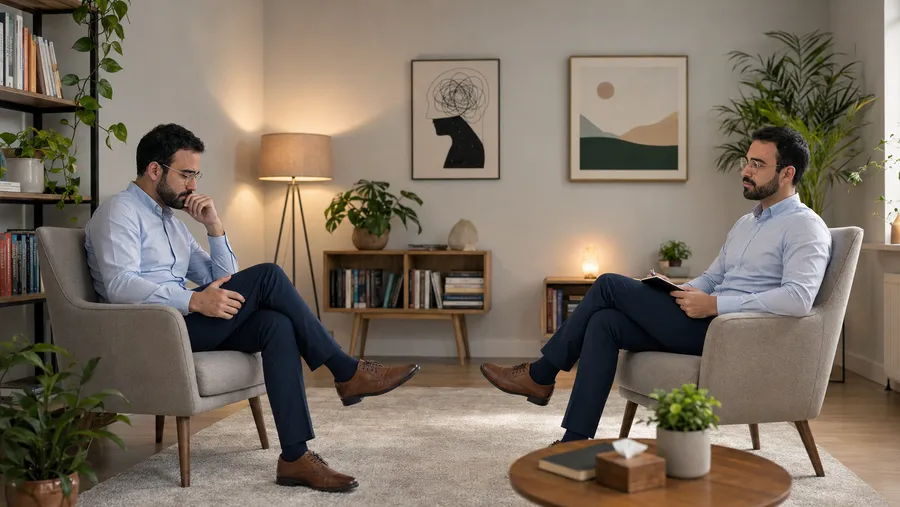 Representação visual de diálogo interno e dualidade psicológica num consultório